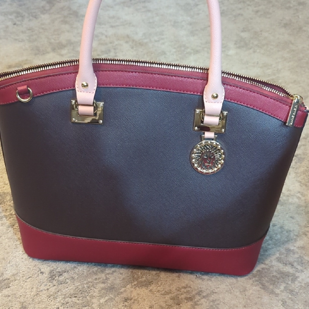 Anne Klein Maroon and Black Tote with Pink Handles